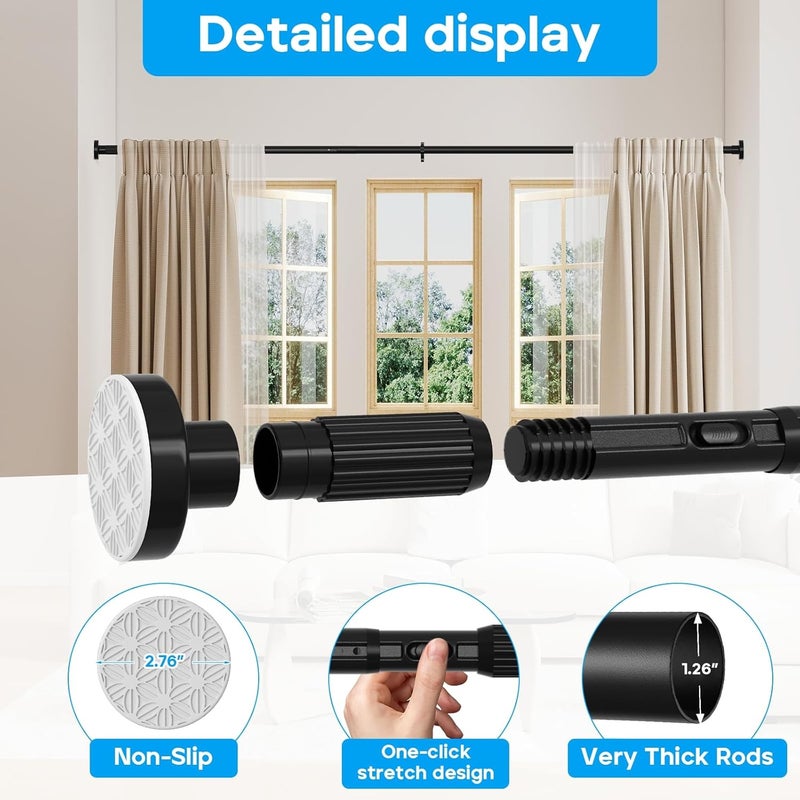 ZipGlo Tension Curtain Rod，40-86IN(3.33-7.17Ft) One-Click Fast Extension Rod Easy to Install Black Long Outdoor Curtain Rods No Drilling Never Rust for Window or Shower Patio Diameter 1.26 Inches - Image 3